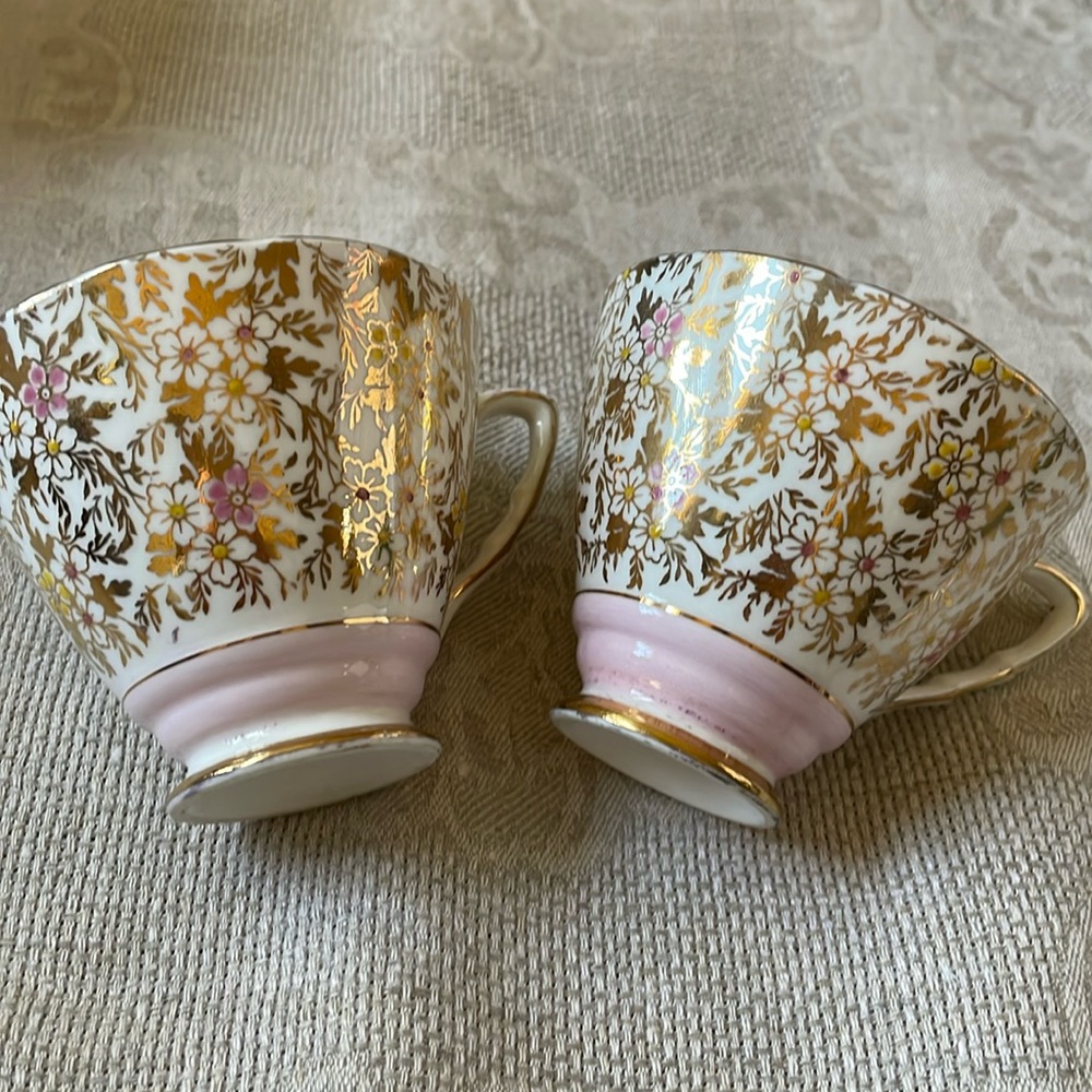 Vintage set of 2 Royal Stafford bone china Demitasse cups pink & gold chintz